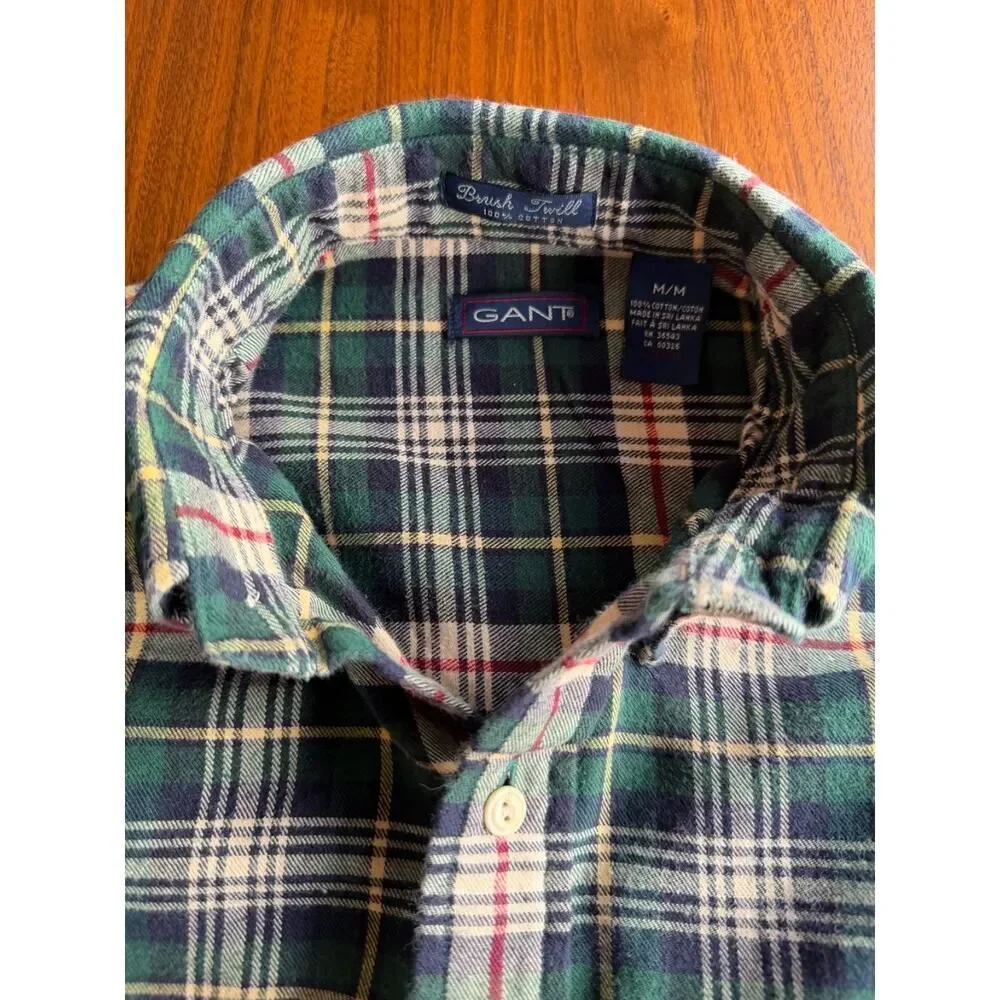 Gant Mens Brush Twill Plaid Flannel Button-Down Shirt Green & Red - Size M